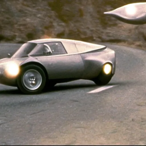 Prompt: car chased by a flying car, movie still of James bond