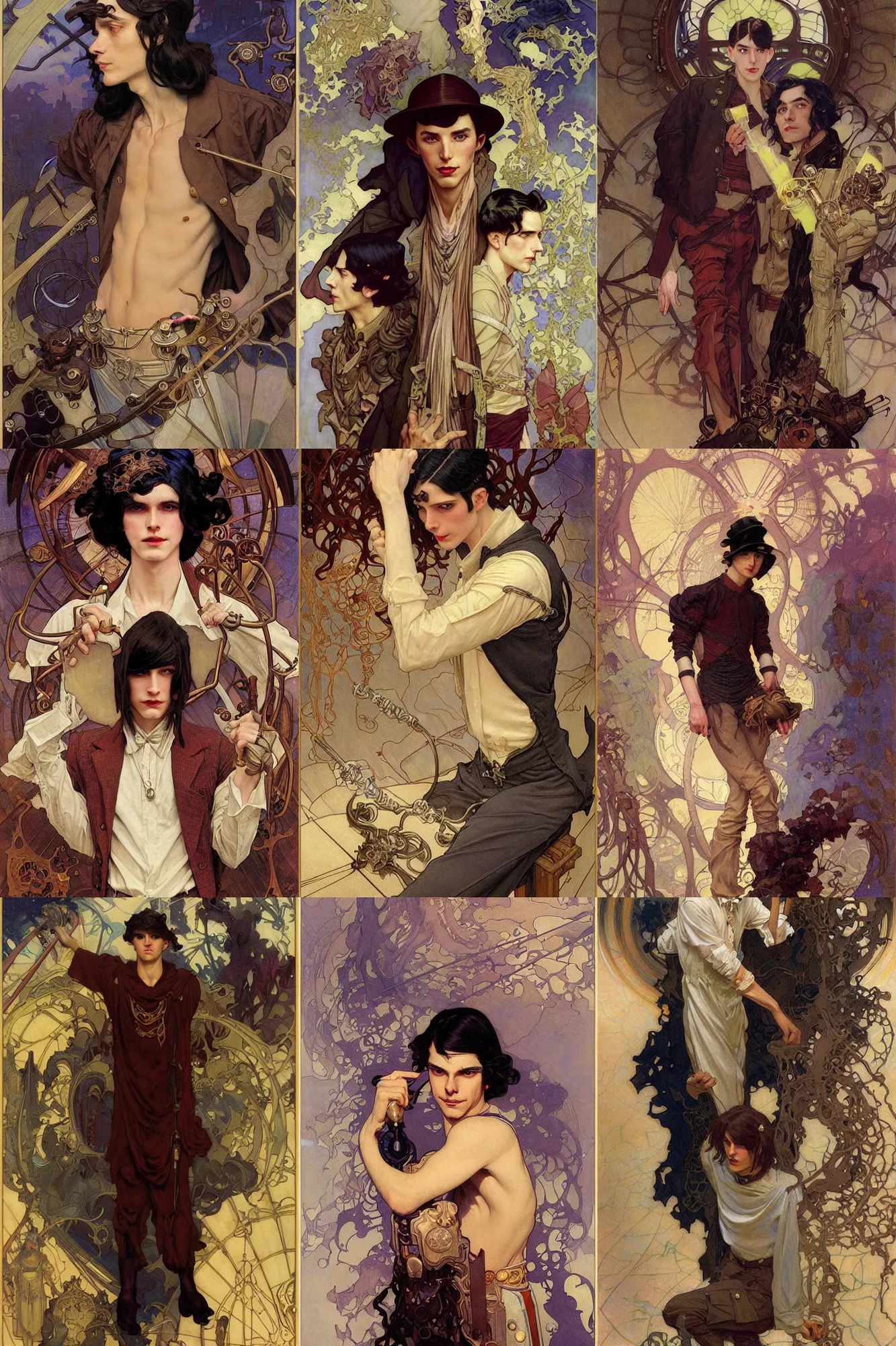 Prompt: thin young male alchemist, long dark hair, 1 9 2 0 s fashion, fantasy, art by joseph leyendecker, donato giancola, dean cornwell, peter mohrbacher, ruan jia, marc simonetti, ayami kojima, cedric peyravernay, alphonse mucha, thomas kinkade, victo ngai