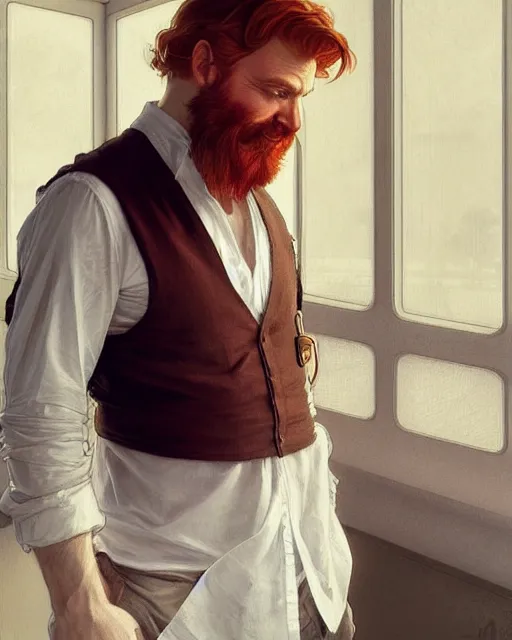 Prompt: attractive red - headed bearded man wearing a white shirt looking out the window expectantly, a smile on his lips, highly detailed, digital painting, artstation, concept art, smooth, sharp focus, illustration, art by artgerm, greg rutkowski, alphonse mucha, j. c. leyendecker