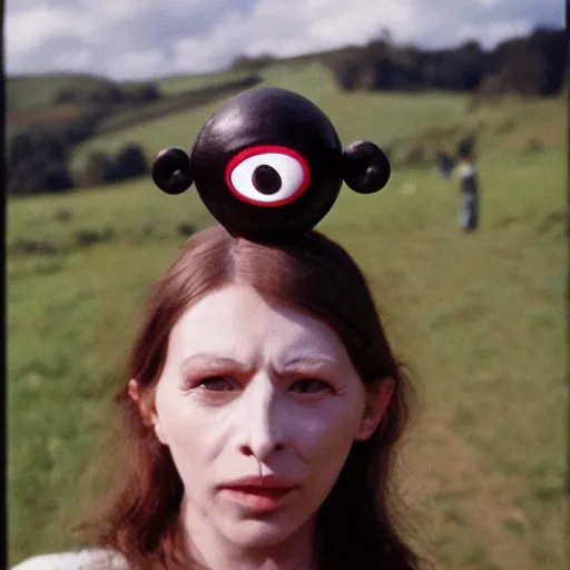 Image similar to beautiful woman with a long plasticine nose, wearing eyeballs on her head, in the countryside 1974 arthouse film, archival footage, technicolor film expired film