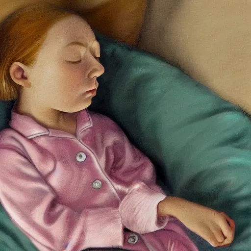 Prompt: little girl in pajama sleeping. digital artwork inspired by pixar movies and balthus, highly detailed, realistic