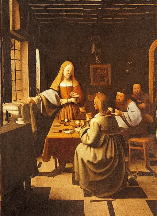 Image similar to a candlelit table at the inn, evening, dark room, two people sitting at the table, swirling smoke, dark smoke, realistic, in the style of leonardo da vinci, dutch golden age, amsterdam, medieval painting by jan van eyck, johannes vermeer, florence
