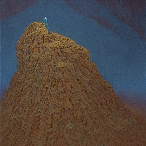 Image similar to painting of a woman climbing a mountain made of skulls in the style of beksinski