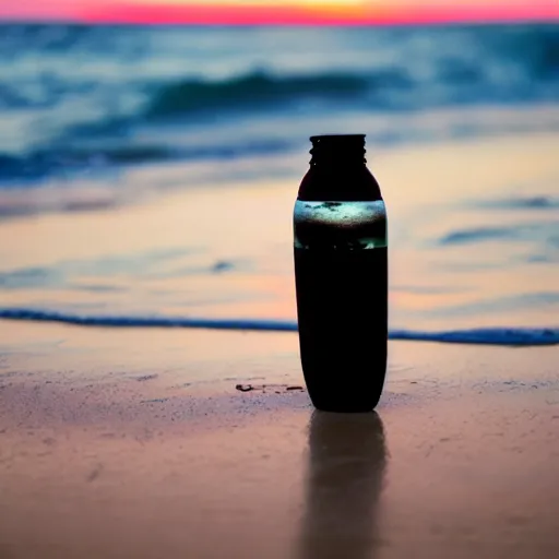 Prompt: a photo of a galaxy in a water bottle on the beach, sunset, award winning photography, 8k