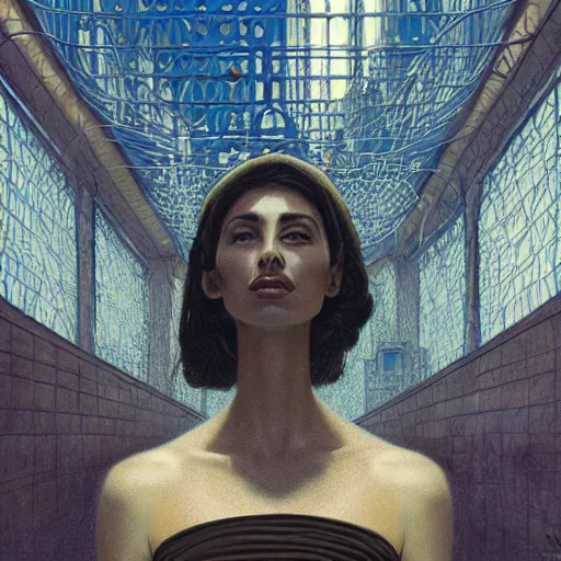 Image similar to detailed face of an arabic woman, opulent wireframe courtyard, moment, tectonic sky, skydome, reactor, utopian, tech noir, wet reflections, prism, atmospheric, ambient, pj crook, syd mead, livia prima, artgerm, greg rutkowski, nick alm, casey baugh