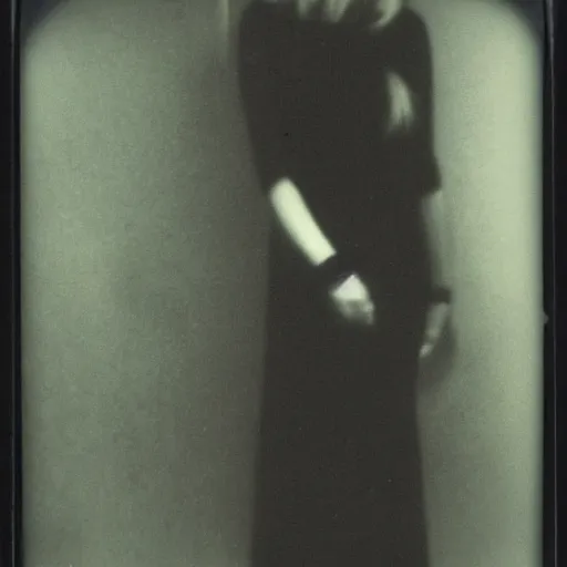 Prompt: a polaroid picture of a pale girl's spirit who doesn't know she's dead, corrupted photo, dreaded black dress, polaroid picture taken by gammell - horror masters - autocore