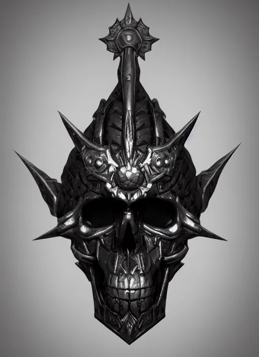 Prompt: a black great sword mini skull crest, orthographic, ornament, weapon, a 3 d render by dom qwek, front side full, trending on polycount, artstation, hard surface modeling, rendered in maya, zbrush, blender, hd, vray, berserk, symmetry