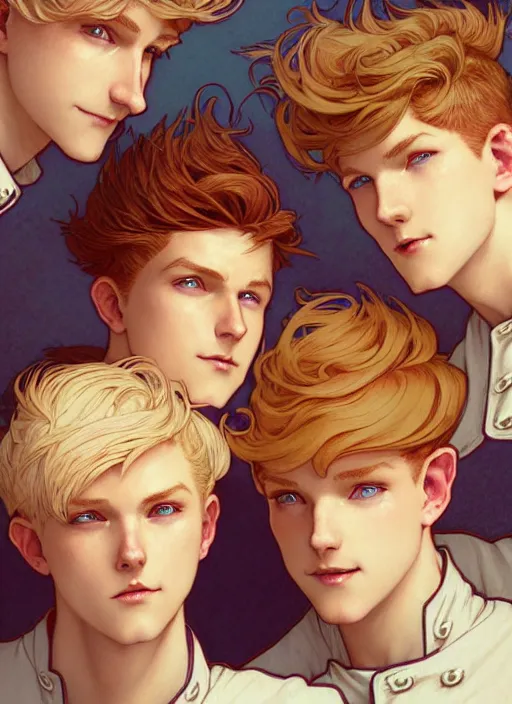 Prompt: close up portrait of mischievous male teen triplets, blond boy, brunette boy and redhead boy, random chef attire by artgerm, cushart krenz, greg rutkowski, mucha. art nouveau. gloomhaven, tropical atmosphere, natural tones, vibrant colors, sharp edges. ultra clear detailed. 8 k. elegant, intricate, octane render