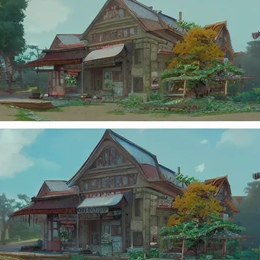 Image similar to concept art painting of a historic bakery with european and japanese architecture, in a woodland village surrounded by trees, realistic, detailed, cel shaded, in the style of makoto shinkai and greg rutkowski and james gurney