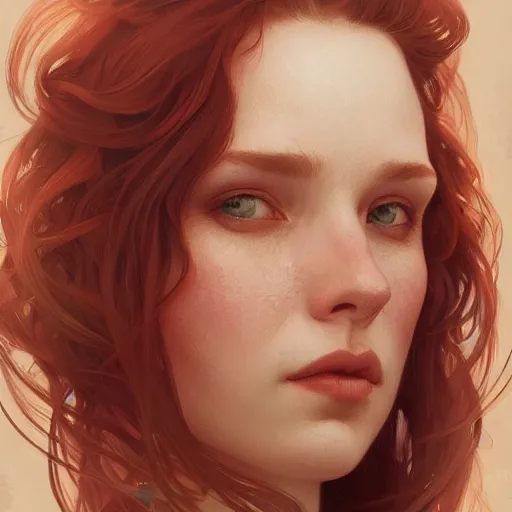 Prompt: A full portrait of Nordic female, 30 years old, brown red long hair, intricate, elegant, highly detailed, digital painting, artstation, concept art, smooth, sharp focus, illustration, art by Krenz Cushart and Artem Demura and alphonse mucha