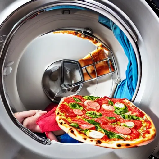 Prompt: photo of a washing machine with pizza spinning inside it