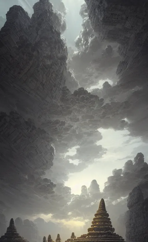 Prompt: khmer temple ruin high in the sky, soft grey and blue natural light, crepuscular rays, intricate, digital painting, artstation, concept art, smooth, sharp focus, illustration, art by greg rutkowski and luis rollo and uang guangjian and gil elvgren, symmetry!