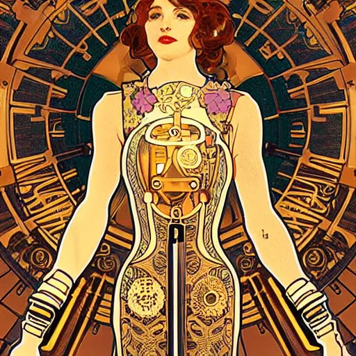 Prompt: brass semi - mechanical woman, portrait, floral art novuea dress, art by alphonse mucha, in steampunk cityscape designed by victor horta, golden hour, robotic prosthetic limbs, symmetrical