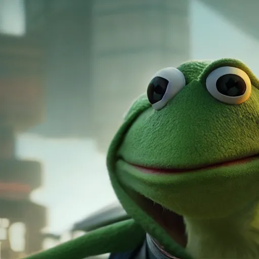 Image similar to a still of kermit the frog in inception, realistuc movie by cory loftis, fenghua zhong, ryohei hase, ismail inceoglu and ruan jia. volumetric light, detailed, octane render, horizon zero dawn
