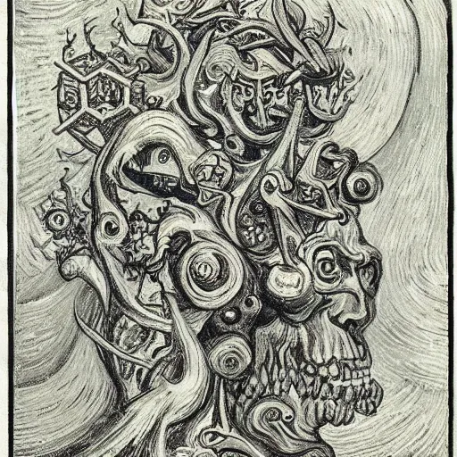 Image similar to Divine Chaos Engine by Vincent Van Gogh and M. C. Escher, symbolist, visionary