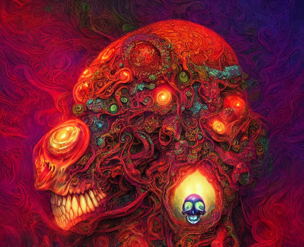 Image similar to psychedelic shaman close-up portrait. amanita muscaria phoenix head, nautilus, insect, skull, ice and fire, bioluminiscent creatures, intricate artwork by Tooth Wu and wlop and beeple. octane render, trending on artstation, greg rutkowski very coherent symmetrical artwork. cinematic, hyper realism, high detail, octane render, 8k