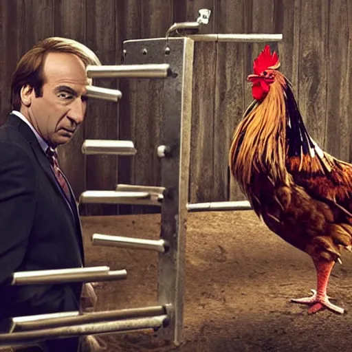 Image similar to saul goodman and a rooster in a saw movie torture chamber, scary torture devices in the background, saul goodman, rooster, photo