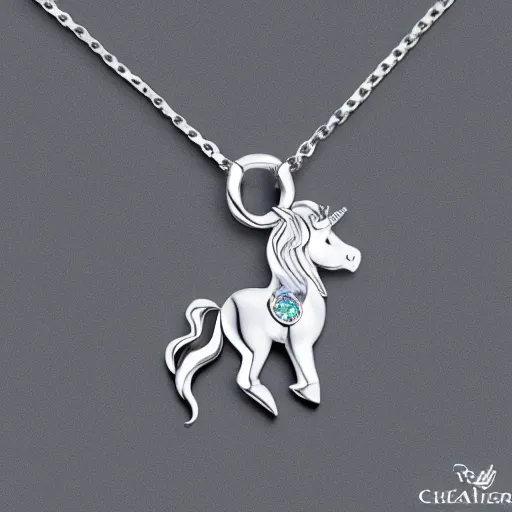 Image similar to a lovely silver cartoon unicorn necklace pendant, 3 d rendering, pandora style, tiffany style, swarovski style, van cleef & arpels style, cartier style, boucheron style, bulgari style, chaumet style, elegant, noble, stylish