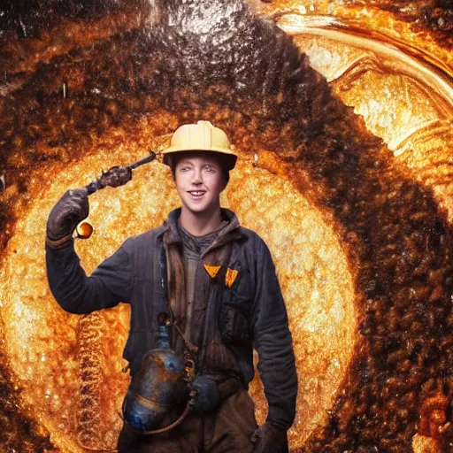 Prompt: skyler gisondo as a sooty steampunk miner in a crystal cave, detailed oil painting, highly detailed, highly accurate, deep aesthetic, 8 k, highly ornate intricate details, cinematic lighting, rich colors, ray tracing, hyperrealistic, photorealistic, cinematic landscape, trending on artstation,