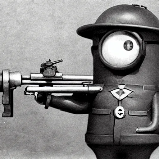 Image similar to old wartime photograph of the despicable me minion holding a lewis gun, 1 9 1 7