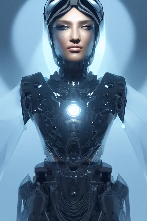 Image similar to beautiful cyborg priestess, scifi, perfect face, futuristic, elegant cape, aura of light, glow, concept art, sharp focus, inside a space ship, trending on artstation, hwang se - on, intricate, advanced technology, art by roman makarenko and simon almeida and marcos melco