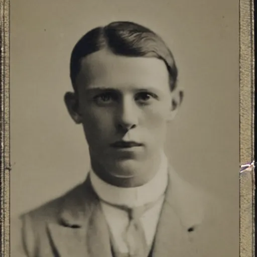 Image similar to headshot edwardian photograph of tom holland, 1 9 2 0 s, realistic face, 1 9 1 0 s photography, 1 9 0 0 s, grainy, slightly blurry, victorian