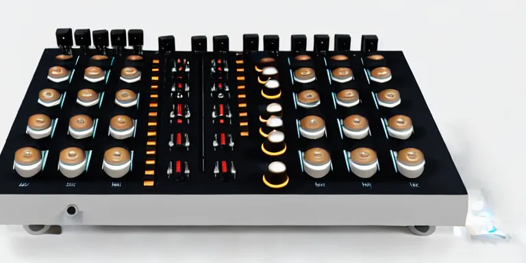 Prompt: dezeen showroom , lot2046, archdaily, houdini , teenage engineering moad, mother of all decks, product design concept, top down view of plugs & knobs of moog melotron synthesizer 3d model made by jony ives, dieter rams, 8k, high detailed photo