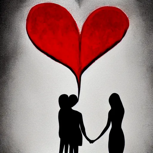 Image similar to two red hearts, couple, a woman and a man, love, sadness, dark ambiance, concept by Godfrey Blow, featured on deviantart, drawing, sots art, lyco art, artwork, photoillustration, poster art