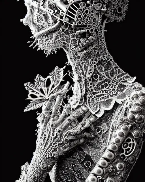 Image similar to surreal dark poetic black and white photo portrait of complex bio-mechanical beautiful young silver female vegetal-cyborg with a Mandelbrot fractal steampunk metal fine lace face, a very long neck and a fine metal floral foliage super big lace collar by Vivienne Westwood:: smoke, high fashion, haute couture, rococo, steampunk, avant-garde, silver filigree details, anatomical, facial muscles, cable wires, microchip, elegant, dreamy, foggy atmosphere, hyper realistic, 150 mm lens, soft rim light, octane render, unreal engine, picture was taken in 1910 by Man Ray, volumetric lighting, dramatic light,8k,