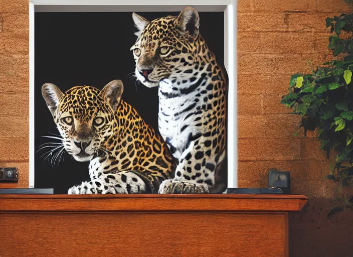 Image similar to photography of a Jaguar Cat . watching outside the window. on a bed. in a 70's room full of vinyls and posters, photorealistic, award winning photo, 100mm, sharp, high res