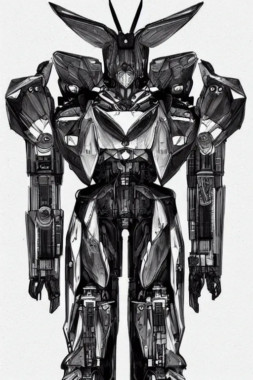 Image similar to very symmetrical!! full body illustrations of mecha, pen and ink, moderately detailed, concept art, wings, cyborg feathers, spread, cyborg wing, artstation, deviantart, pinterest