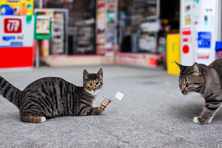 Image similar to cat smoking a cigarette in 7 - eleven wide angle lens