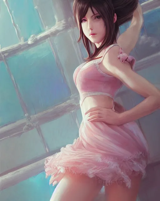 Prompt: tifa lockhart in pastel pink lace skirt, portrait, illustration, rim light, top light, perfectly shaded, soft painting, art by ross tran, krenz cushart and wenjun lin