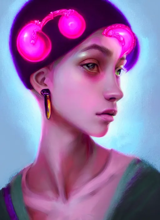 Image similar to portrait of teenage vanessa morgan with bright pink hair, curly pixie cut hair, wearing a purple breton cap, breton cap, hoop earrings, intricate, elegant, glowing lights, highly detailed, digital painting, artstation, concept art, smooth, sharp focus, illustration, art by wlop, mars ravelo and greg rutkowski