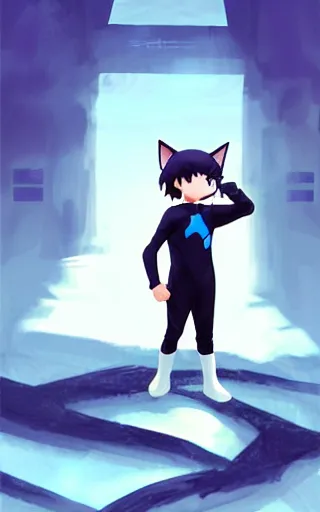 Image similar to little boy with cat ears wearing an black latex suit with cape. digital painting made by makoto shinkai and james jean and kohei horikoshi, inspired western comic, perfect composition, highly sharp details, smooth