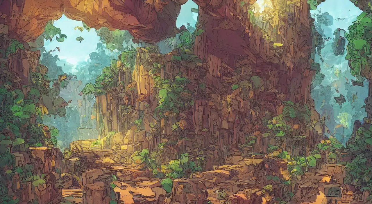 Image similar to open door wood wall fortress child house flag amazon jungle on portal unknow world ambiant fornite colorful that looks like it is from borderlands and by feng zhu and loish and laurie greasley, victo ngai, andreas rocha, john harris