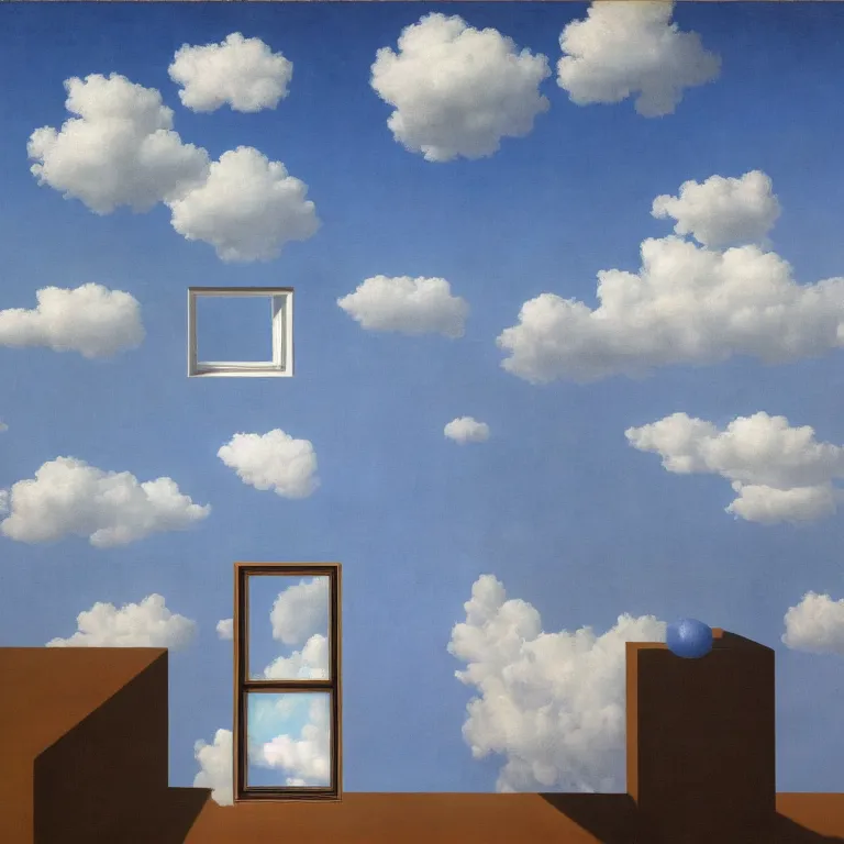 Image similar to window floating in the sky, by rene magritte, centered, detailed painting, hd, hq, high resolution, high detail, 4 k, 8 k