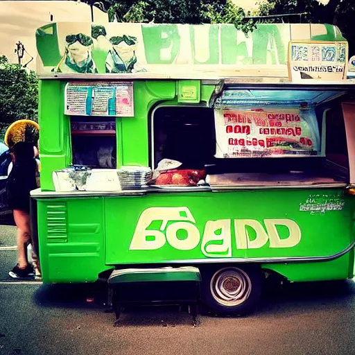 Image similar to “yoda selling burger in a food van”