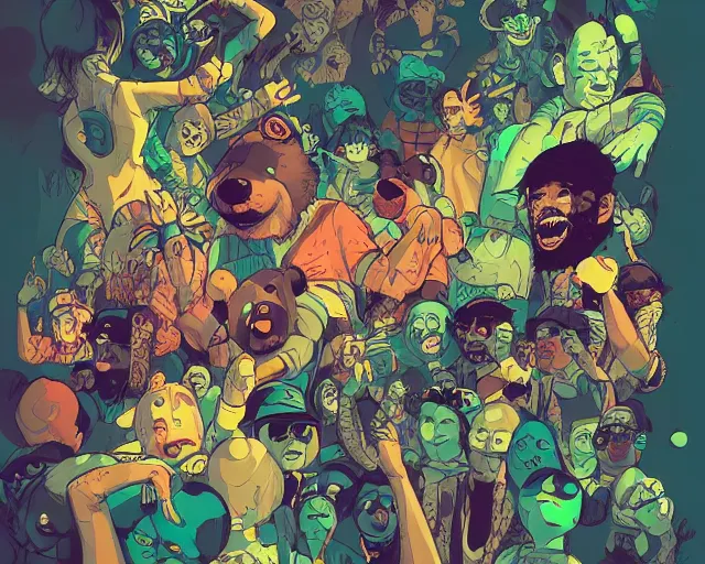 Prompt: a study of cell shaded cartoon of bears raving in a nightclub, illustration, wide shot, subtle colors, post grunge, concept art by josan gonzales and wlop, by james jean, Victo ngai, David Rubín, Mike Mignola, Laurie Greasley, highly detailed, sharp focus, alien, Trending on Artstation, HQ, deviantart, art by artgem