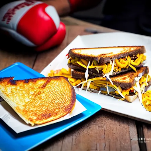 Prompt: taco and grilled cheese in an epic boxing match being spectated by minions, hyperre