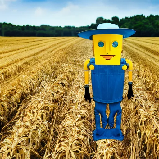 Image similar to a photo of a yellow farming robot wearing a straw hat and blue overalls in the corn field, robots, humanoid, chappie, farming, photorealistic, 8 k