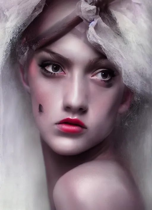 Prompt: hyper realistic, portrait, close - up, make up, dark witch, painting by ansell, mary jane, smooth, sharp focus