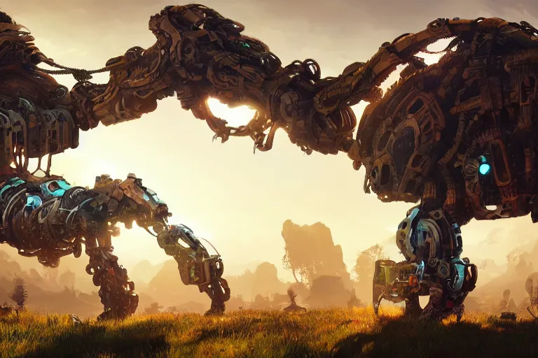 Image similar to snapmaw machine mecanical creature robot of horizon forbidden west horizon zero dawn radiating a glowing aura global illumination ray tracing hdr fanart arstation by ian pesty and alena aenami artworks in 4 k