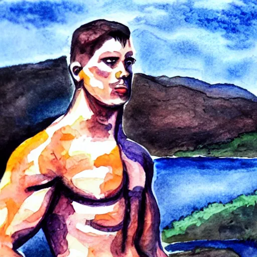 Image similar to muscular man by the river, water color painting