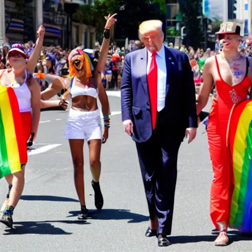 Image similar to donald trump wearing a rainbow suit at a gay pride parade