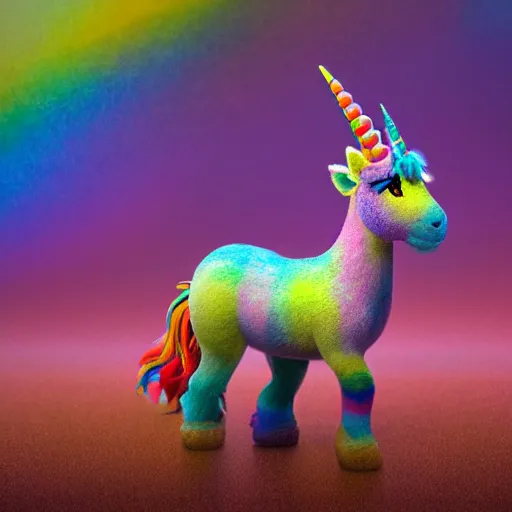 Image similar to full body pose, hyperrealistic photograph of a cute fuzzy rainbow unicorn, dim volumetric lighting, 8 k, octane beautifully detailed render, extremely hyper detailed, intricate, epic composition, cinematic lighting, masterpiece, trending on artstation, very very detailed, stunning, hdr, smooth, sharp focus, high resolution, award, winning photo, dslr, 5 0 mm