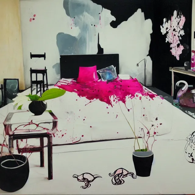 Prompt: bedroom room with black walls and a futon, sensual portrait of a woman sleeping, cracked handmade pottery vase, white flowers on the floor, puddle of water, octopus, squashed berries, neo - expressionism, surrealism, acrylic and spray paint and oilstick on canvas