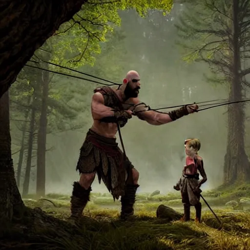 Prompt: kratos teaching atreus how to hunt deer with a bow in a forest, stunning 3 d render inspired art by greg rutkowski and xiang duan and thomas eakes, perfect facial symmetry, flesh texture, realistic, highly detailed attributes and atmosphere, dim volumetric cinematic lighting, 8 k octane detailed render, post - processing, masterpiece, rtx on, rendering on unreal engine