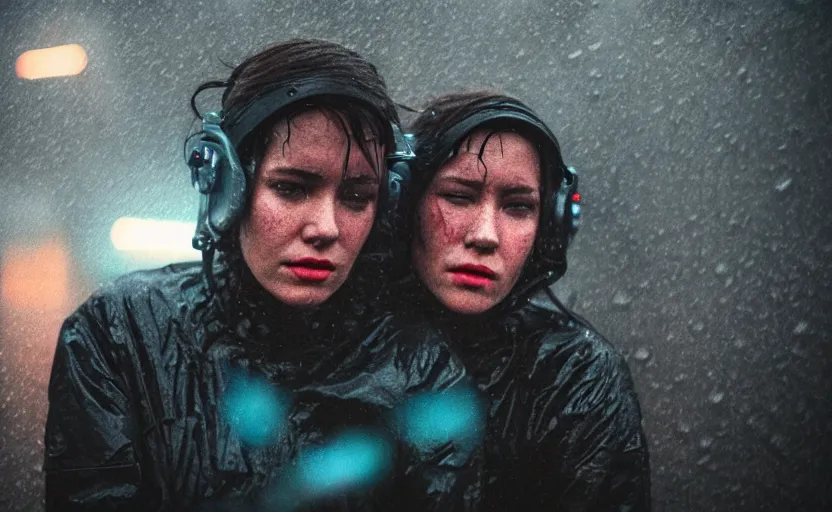 Image similar to cinestill 5 0 d candid photographic portrait by steven spielberg of two loving female androids sobbing wearing rugged black mesh techwear in treacherous waters, flooded city, medium closeup, retrofuturism cyberpunk moody emotional cinematic, pouring iridescent rain bright spotlight helicopter, 8 k, hd, high resolution, 3 5 mm, f / 3 2, ultra realistic faces, ex machina