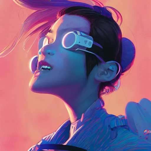 Image similar to portrait a young japanese girl wearing a VR, midnight hour, painted part by josan gonzales, part by dan mumford, part by norman rockwell, part by artstation